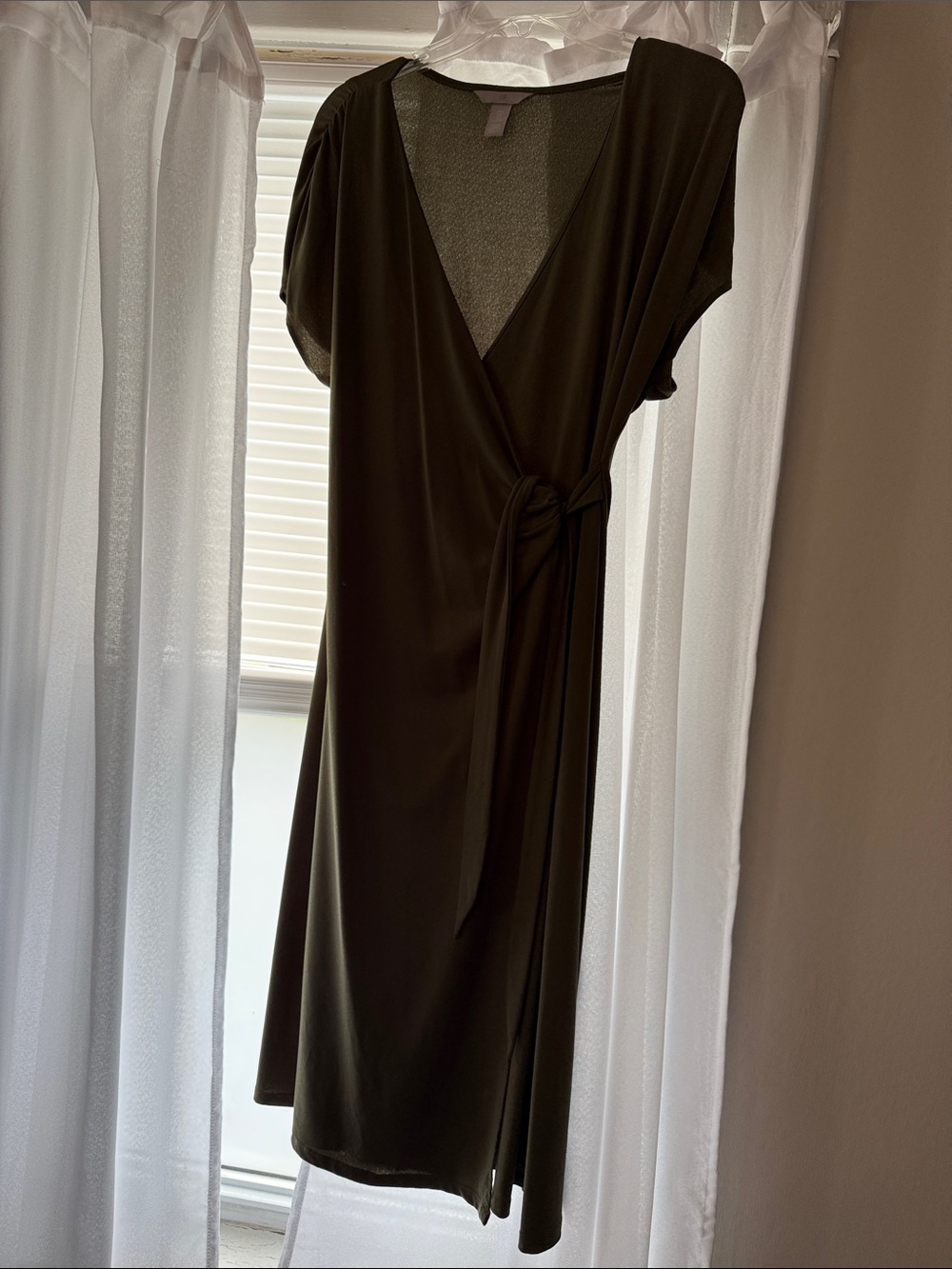 H&M Olive Green Wrap Midi Dress with Tie Waist